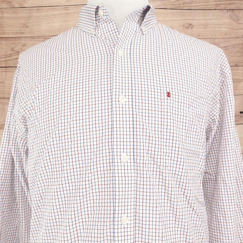 IZOD Shirt Mens XL White Check Long Sleeve Button-Up Premium Essentials Casual